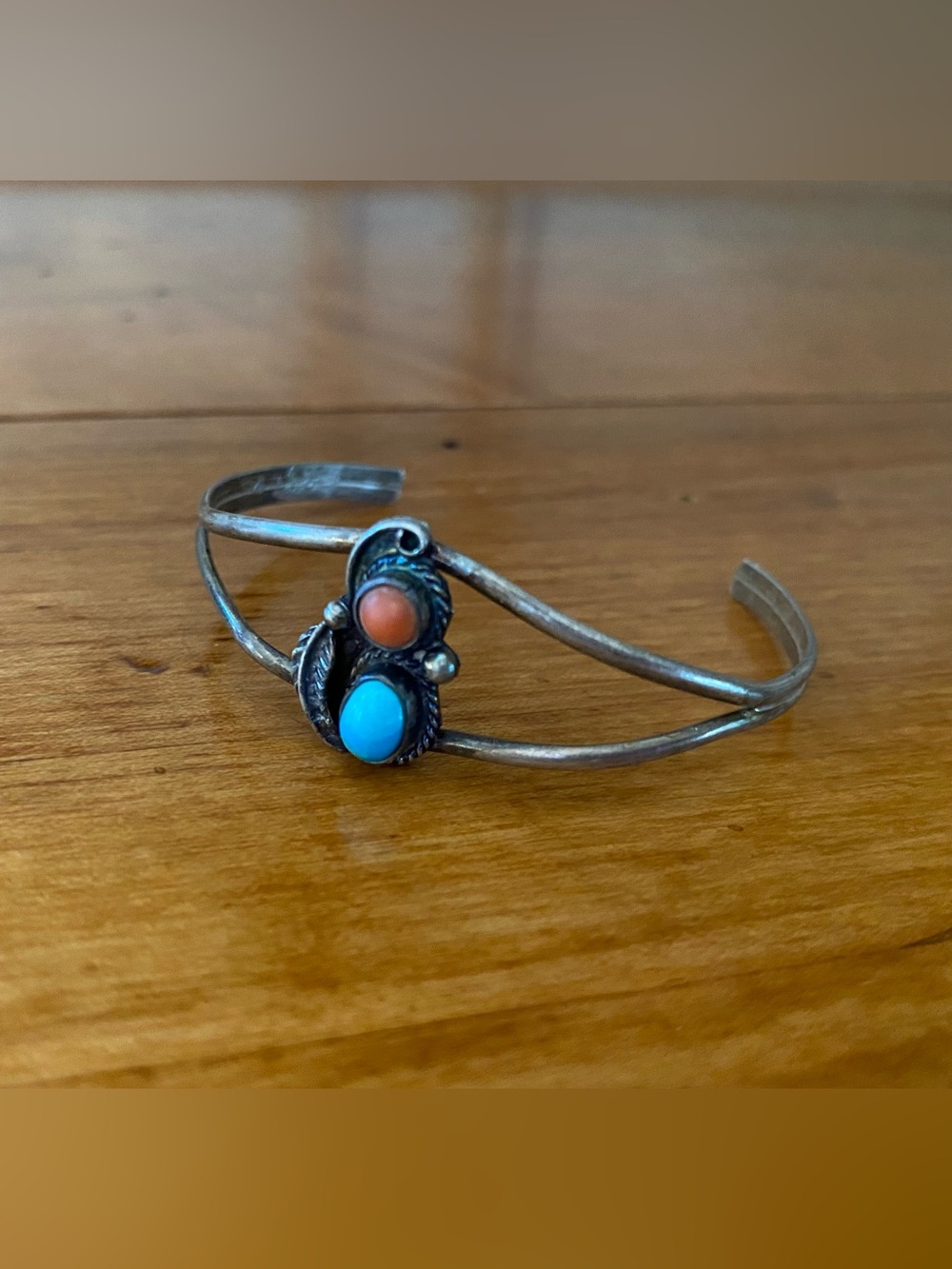 Vintage Native Sterling Silver Turquoise Coral Bracelet size 6 1/2”